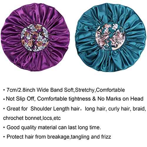 Silk Satin Bonnet Hair Cap: 2pcs 17inch Diameter Extra Large Jumbo Sleeping Satin Bonnets with Comfortable Flower Band - High Density Bonnets for Women Braids Curly Night Cap (Purple & Teal)