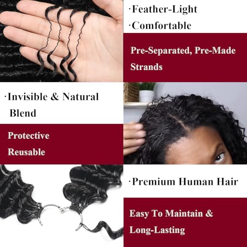 Human Crochet Hair for Black Women 22 Inch 50g Deep wave Crochet Human Hair Bundles Pre-Separated Feather Crochet Human Hair Deep Wavy Invisible Crochet Hair Extensions 40 Strands Natural Black
