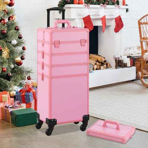 Makeup Train Case, Rolling Makeup Case with Lid, 5 in 1 Cosmetology Case on Wheels, Christmas Gift, Large Makeup Case Organizers, Profesional Cosmetic Case for Salon Barber, Pink