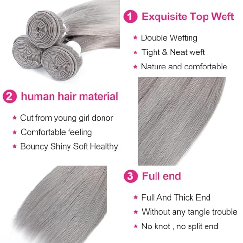 Augfst Brazilian Virgin Human Hair Bundles Sliver Grey Straight Wave Bundles Human Hair 20 22 24 inch Inch 12A Unprocessed Brazilian Sewn In Quick Weave for Black Women