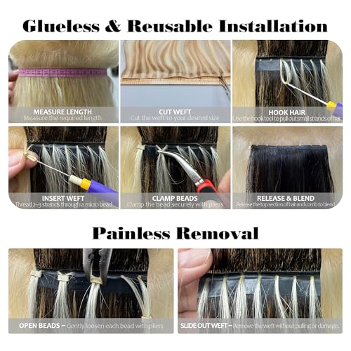 Butterfly Weft Hair Extensions Human Hair-Invisible Double Layered with Hole Hand Tied Genius Weft PU Seamless Micro Beads Real Remy Hair Jet Black 100g #1 16 Inch