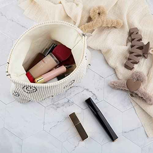 Makeup Bag For Women - Corduroy Cosmetic Bags Aesthetic Design Ladies Tote pouch Women's Pencil Case,Cute Smiley Face Makeup Organizer with Zipper (Beige)