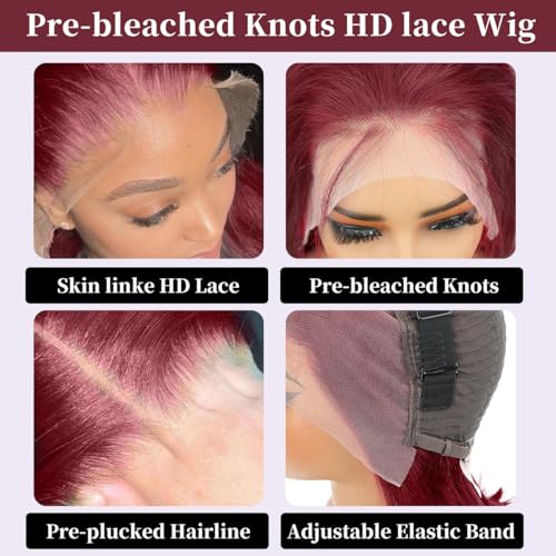 LICHANG 99J Burgundy Bob Wig Human Hair 200 Density 13x4 HD Transparent Straight Lace Front Wigs Human Hair Short Bob Wig Pre Plucked With Baby Hair Natural Hairline Glueless Wig Wine Red 12 Inch