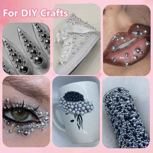 Silver Pearls for Crafting, Flatback Pearl for Nails 7 Sizes Half Round Nail Art Pearls ABS Pearl Beads Gems for Nails Art DIY Crafting Face Hair Manicure DIY