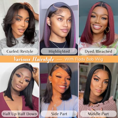 Flady 14 inch Bob Wig Human Hair 13x4 HD Lace Front Wigs Human Hair Pre Plucked 150% Density Straight Human Hair Bob Wig Glueless Short Bob Frontal Wigs For Black Women