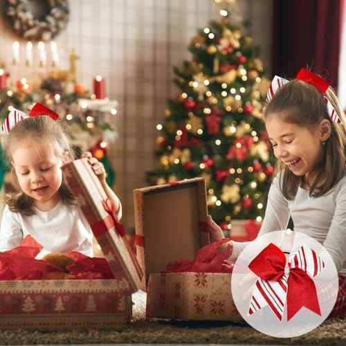 4Pcs Christmas Cheer Hair Bows Scrunchies Glitter Red Candy Striped Ribbon Bowknot Hair Ties Xmas Ponytail Holder for Women Winter Birthday Costume Supplies