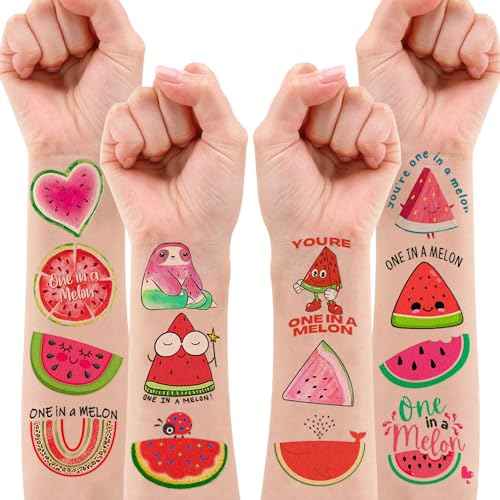 Melon Pre-Cut Temporary Tattoos 8 Sheets 96PCS Watermelon One First Party Decorations Supplies Favors First Summer Theme Birthday Stickers Christmas Gifts for Boys Girls Class School Prizes Carnival