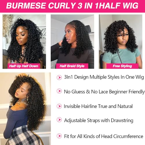 Larhali Half Wig Human Hair Glueless Wigs Upgrade 3 IN 1 Half Wig With Drawstring Seamless Clip Ins Flip Over Burmese Curly Human Hair No Glue No Lace For Women 200% Density (Natural Color, 16inch)