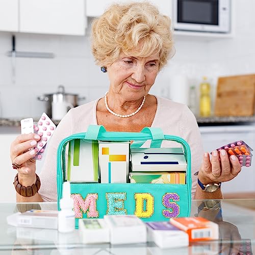 Geetery Chenille Letter Bag, Preppy PVC Nylon Makeup Portable Cases Preppy Patch with Zipper Cosmetic Clear Travel Toiletry Storage Bag for Women(Green,Novel Meds)