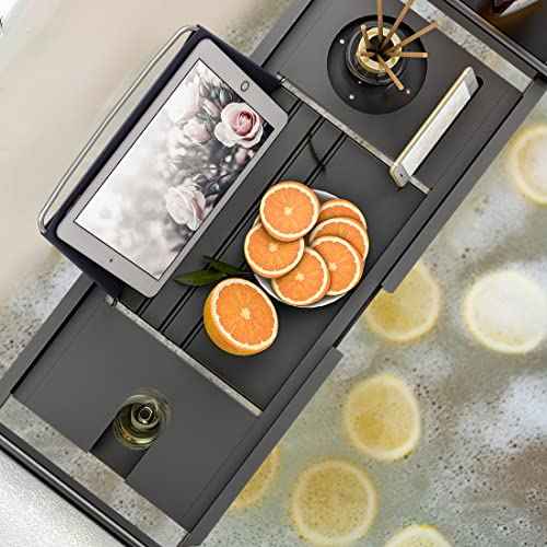 Bath Caddy Tray for Bathtub - Bamboo Adjustable Organizer Tray for Bathroom with Free Soap Dish Suitable for Luxury Spa or Reading(Black)