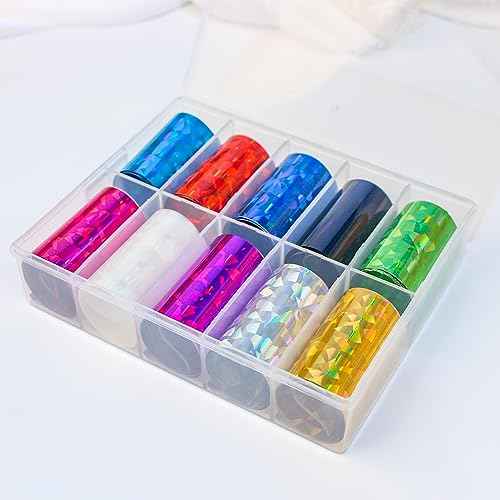DANNEASY 10 Roll Iridescent Cellophane Nail Foil Transfer Holographic Foils Sheets Aurora Glass Nails Stickers Starry Sky Nail Art Foil Glitter Nails Design 3D Manicure Decoration