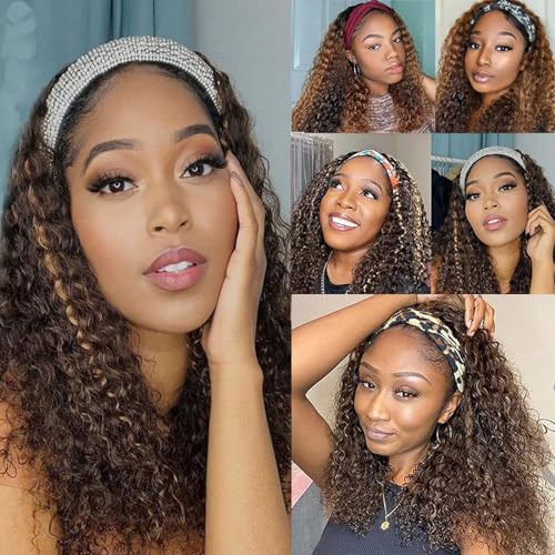 Headband Wig Human Hair Deep Wave 4/27 Human Hair Headband wigs for women Glueless None Lace Front Wig Machine Made 150% Density headband wig human hair with Headbands (22Inch)