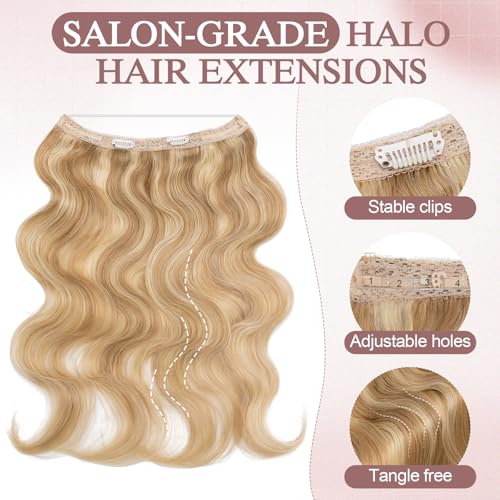 Halo Hair Extensions Real Human Hair Wavy Invisible Wire Hairpiece Adjustable One Piece With 2 Secure Clips For Women to Add Length,16 Inch 18P613 Gold Blonde Mixed Bleach Blonde,65g