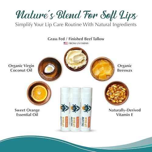 Moisturizing Tallow Lip Balm ? Grass-Fed Beef Tallow with Organic Coconut Oil, Beeswax, and Vitamin E ? Sweet Orange ? Lip Balm Set ? Travel Essential ? 3-Pack