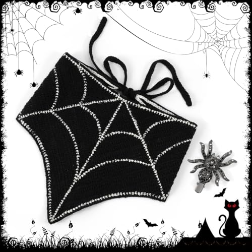 Gothic Cotton Headbands for Women, Spooky Crochet Bandana Knitted Headband with Gothic Hair Accessories Halloween, Wicked Hair Spider Rhinestone Barrettes Triangle Scarf Alternative Accessories