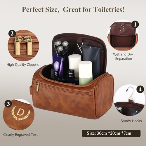 OXYEFEI Personalized Toiletry Bag for Men,Personalized Gifts for Men,Engraved Initial PU Leather Mens Toiletry Travel Shaving Travel Essentials Toiletries Bag for Him Birthday (J, Light Brown)