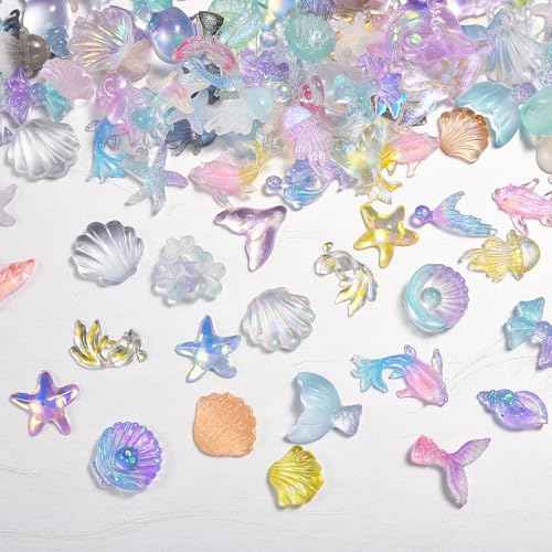 100 Pcs Marine Life Nail Charms, 3D Resin Charms Mermaid Jellyfish Seashell Starfish Nail Rhinestones Glow in The Dark Designs for Women Nail Supplies Summer Beach DIY Crafts Manicure Decoration