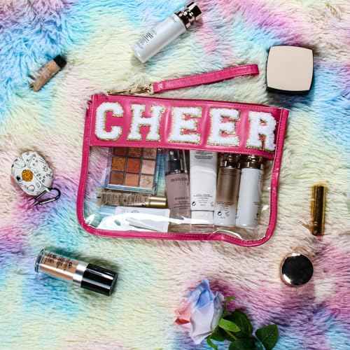 Cheer Chenille Letter Bags Clear Makeup Bag, Cheerleader Gifts Cosmetic Bag, Varsity Preppy Patch Flat Pouch Cheer Accessories, Waterproof PVC Organizer Toiletry Bag for Women Girls