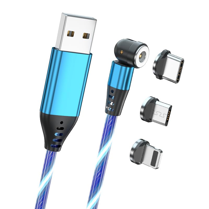 1M Luminous Blue 3-in-1 540° Rotate - Reflex Power Magnetic Charging Cable with Lightening/Micro USB & Type-C, 2.4A Fast Charge, Durable TPE, 360°/180° Rotating Magnetic Design - Blue Glow