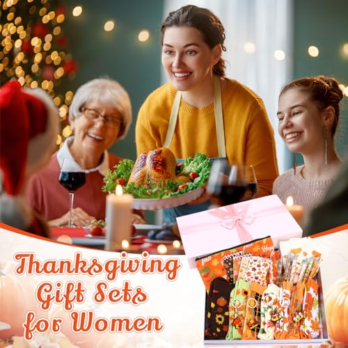 32 Pcs Thanksgiving Gifts Set Autumn Makeup Bags Bulk Pumpkin Socks Holiday to Do List Notepad Turkey Ballpoint Pens Keychain Fall Party Gifts