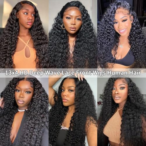 13x4 HD Deep Wave Lace Front Wigs Human Hair Wigs for Women 200% Density Curly Lace Front Wig Human Hair 22 Inch Deep Wave Frontal Wigs for Women Pre Plucked Deep Wave Wig Natural Hairline