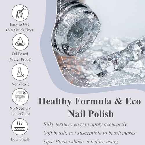 NovaCharm Glitter Nail Polish - Silver Nail Varnish Glitter - Diamond Flash Clear Nail Gel - Quick Dry Nail Polish Air Dry - Long Lasting Fingernail Polish Sparkle For Women Manicure DIY