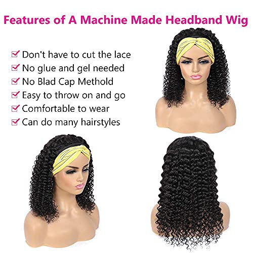 10 Inch Curly Headband Wig Human Hair Natural Color Glueless Headband Wigs for Women None Lace Front Wigs With Headband Attached Human Hair Wigs