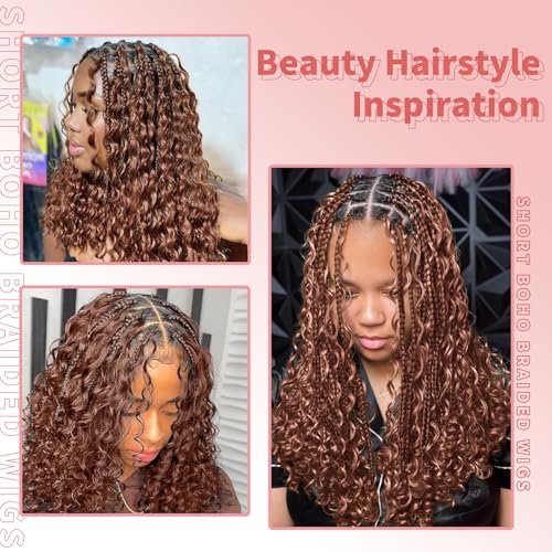 13x8 Inch HD Lace Short Boho Braided Wig Knotless Braided Wigs for Women with Curly End Synthetic Hair Box Braid Wig with Baby Hair Brown 18 Inch