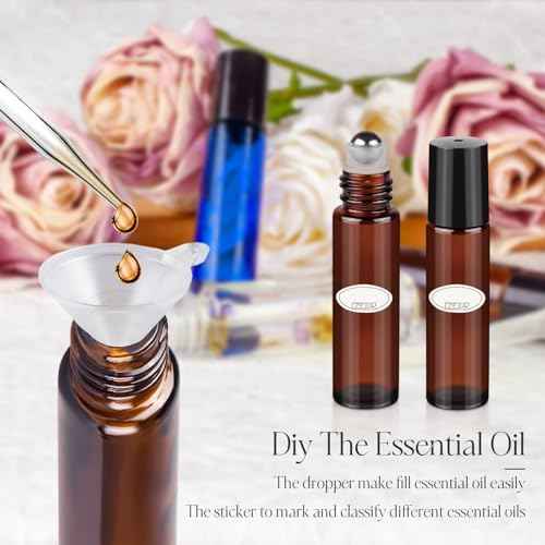ZEJIA 10ml Roller Bottles for Essential Oils, 6 Pack Glass Roll on Bottles, Refillable Perfume Bottle, with Stainless Steel Roller Balls, 2 Droppers, 1 Opener, Labels(Amber)