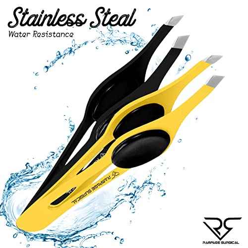 Professional Eyebrow Tweezers Slanted Tip Stainless Steel 2,3xPcs Set, Non-Slip Grip Slant Tip Tweezers for Facial Hair, Plucking Removing Ingrown Hairs, Tweezer for Women Men (Black&Yellow)