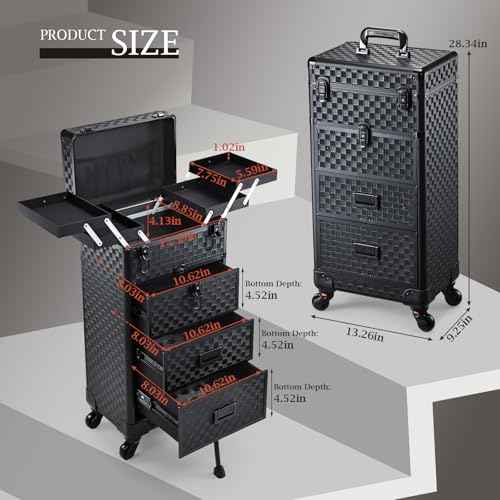 Stagiant Rolling Makeup Case with Drawers Cosmetology Case on Wheels 4 IN 1 Makeup Case 3 Drawers with Foot Stand Spring-release Mechanism Rolling Make Up Organizer for Artist Salon Nail Teach Trunk