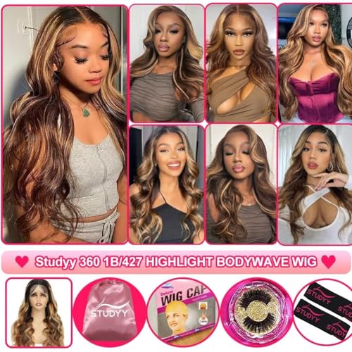 Highlight Ombre 360 Body Wave Lace Front Wigs Human Hair Pre Plucked with Baby Hair Honey Blonde 360 HD Lace Frontal Wigs Full Lace for Women 20inch
