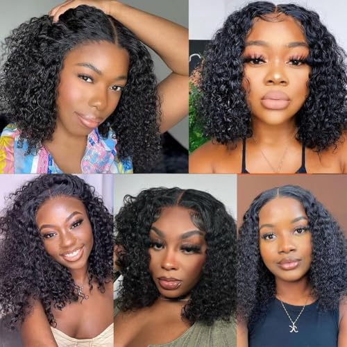 16 Inch Deep Wave Bob Wig Human Hair 13x4 Frontal Lace Wig 200% Density Short Bob Wigs Human Hair for Black Women Glueless Curly Bob Wig With Baby Hair Natural Black