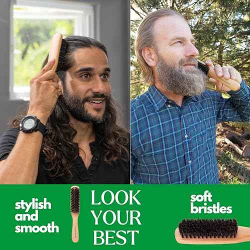GranNaturals Boar Bristle Slick Back Hair Brush - Soft/Medium Smoothing Hairbrush to Style, Polish, & Lay Hair Down Flat to Create a Sleek Frizz Free Hairstyle for Women and Men - Wooden Handle