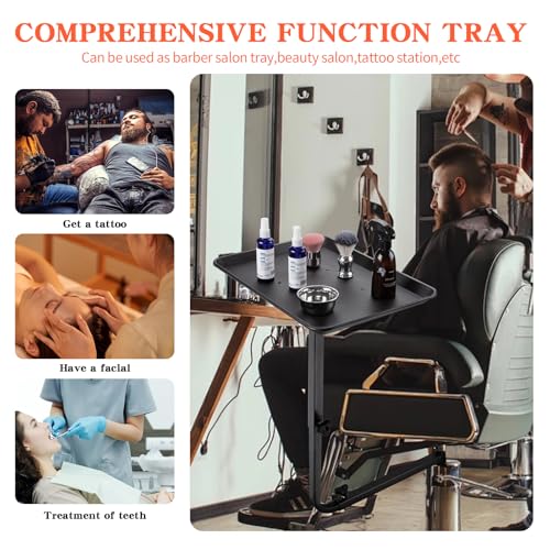 Modern Salon Chair Tray, 360 Rotatable Metal, Black, Depth: 17.7 inches, Width: 28.3 inches, Height: 23.6 inches, Adjustable Height, Foldable Arm Rest, Hair Styling, Beauty Services