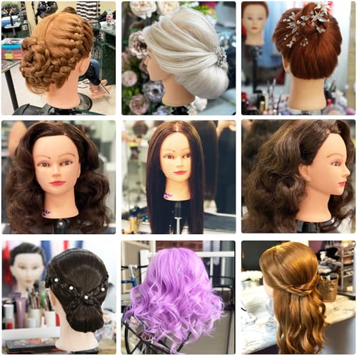 26"-28" Long Hair Mannequin Head with 60% Real Hair, Hairdresser Practice Training Head Cosmetology Manikin Doll Head with 9 Tools and Clamp - #27 Golden, Makeup On