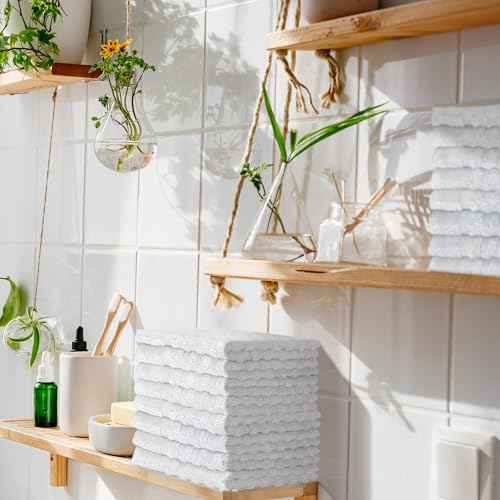 DecorRack 8 Pack 100% Cotton Wash Cloth, Luxurious Soft, 12 x 12 inch Ultra Absorbent Jacquard Towels, Machine Washable Washcloths, White (8 Pack)