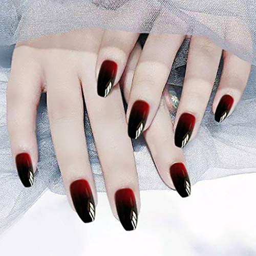 Glossy Press on Nails Black Coffin Fake Nails Halloween Ombre Full Cover Acrylic False Nail for Women and Girls (24Pcs) (Red Black)