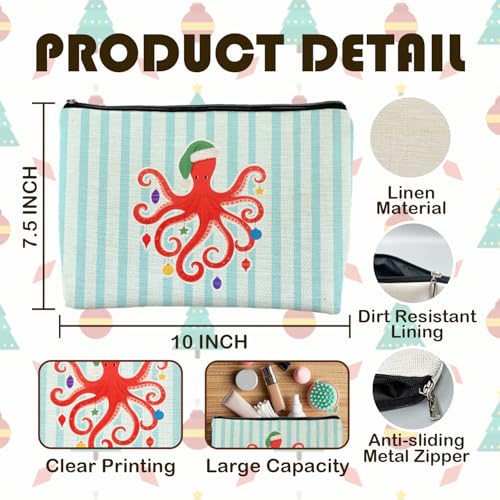 Beach Christmas Octopus Makeup Bag, Octopus Gifts for Women, Coastal Beachy Christmas Cosmetic Bags for Women, Xmas Ocean Sea Animal Striped Zipper Makeup Pouch Travel Toiletry Bag