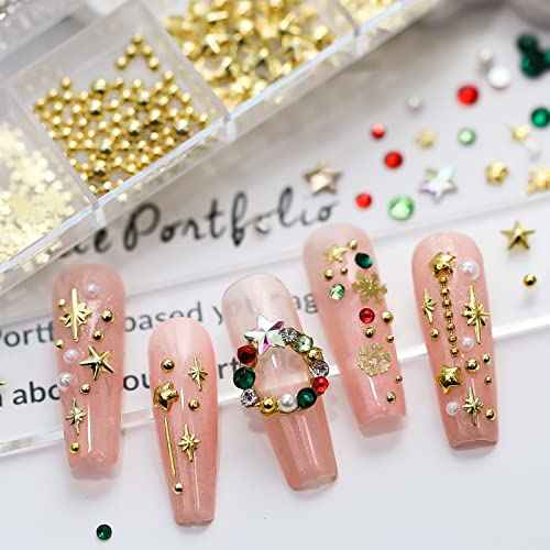 Christmas Crystal Snowflakes Nail Supplies Golden Flat Back Glass Gems Round Pearl Accessories Sparkly Star Bow Diamonds Jewels Rhinestone for Women Nail Decoration
