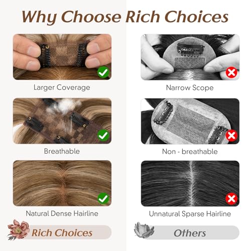Rich Choices Hair Toppers for Women Real Human Hair 360¡Æ3D Clip in Bangs 100% Remy Human Toppers with Bang for Thinning 150% Density Lace Base 08 Inch #4P27 Medium Brown Highlight Dark Blonde