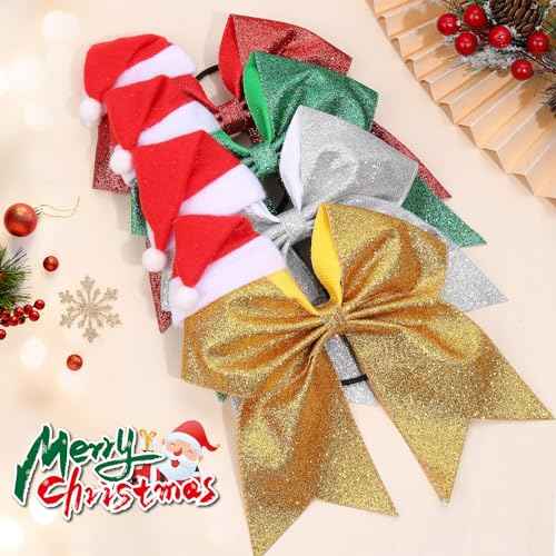 4 PCS 7" Christmas Large Glitter Cheer Bows for Cheerleaders, CN Sparkly Hair Bows with Elastic Hair Ties Accessories with Christmas Santa Hat for Teens Girls Women Party (Christmas B)