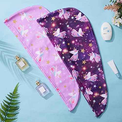 FIOBEE Microfiber Hair Towel Wrap for Kid Rapid Drying Towel Absorbent Hair Turbans for Wet Hair with Button Women Girls Long Curly Hair Pack of 2, Purple