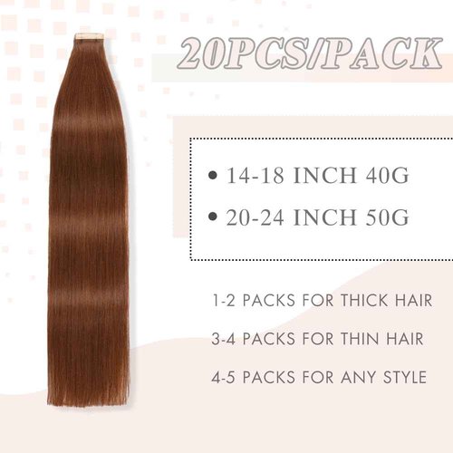 Tape in Hair Extensions Real Human Hair 24 Inch Dark Auburn Double Sided Tape for Skin Weft Hair Extension Invisible Straight Remy Human Hair for Women 20pcs (33#,24 Inch)