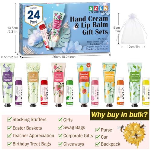 AZEN 24 Sets Bulk Gifts, Hand Cream and Lip Balm Bulk Set with Organza Bag Thank You Card, Baby Shower Wedding Gifts for Guests, Bridal Wedding Favors for Guests, Thank You Gifts for Women