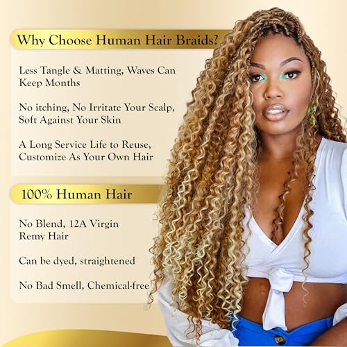 Highlighted Multi-Blonde Braiding Human Hair for Boho Knotless Braids, Ombre 27/613 Curly Braiding Hair Deep Wave Human Hair Bulk, No Weft Blonde Extensions 100G FULL BULK 24 Inch