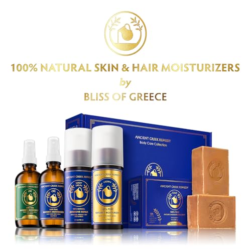 Ancient Greek Remedy Organic Spa Gift Set - Body Oil, Face Moisturizer, Foot Balm & 2 Soap Bars - Lavender Scented Skin Care Gift Basket for Women - Perfect for Christmas, Birthdays & Self Care