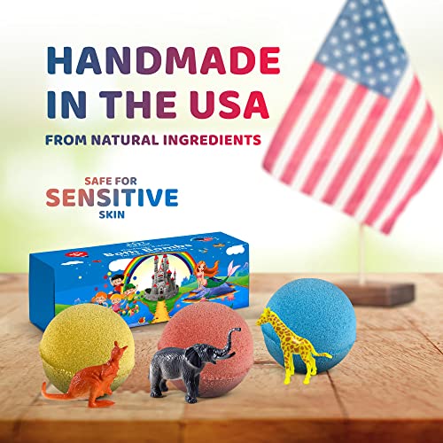 3 Handmade Bath Bombs for Kids with Wild Animals Toys Inside for Boys and Girls ? Big Size Toys Natural and Safe Bath Fizzies - Great Gift Set for Boys and Girls