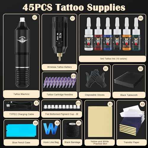 Beginners Tattoo Gun Machine Kit Professional Complete Tattoo Gun Kits for Beginner Rotary Tattoo Pen Set with 10Pcs Tattoo Cartridge Needles for Starter Artists (Black-45Pcs)