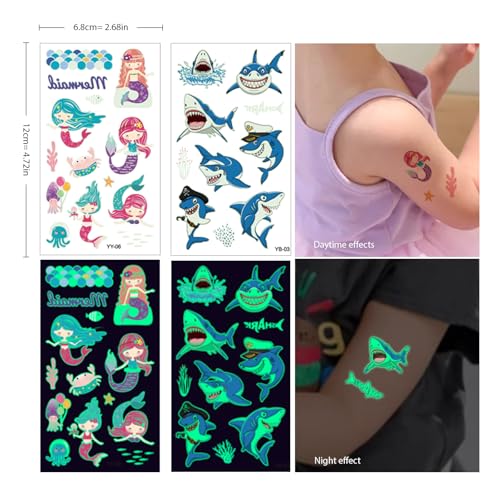 Temporary Tattoo for Kids,400 Pcs Mix Style Glow in the Dark Tattoos Kids Stickers Luminous Party Supplies with Animal/Dinosaur/Mermaid/Unicorn/Space/Butterfly/shark Stickers for Boys Girls 573